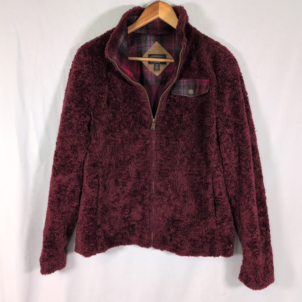 Pendleton Womens M Sherpa Fleece Jacket Burgundy Full Zip Coat Wool Plaid
